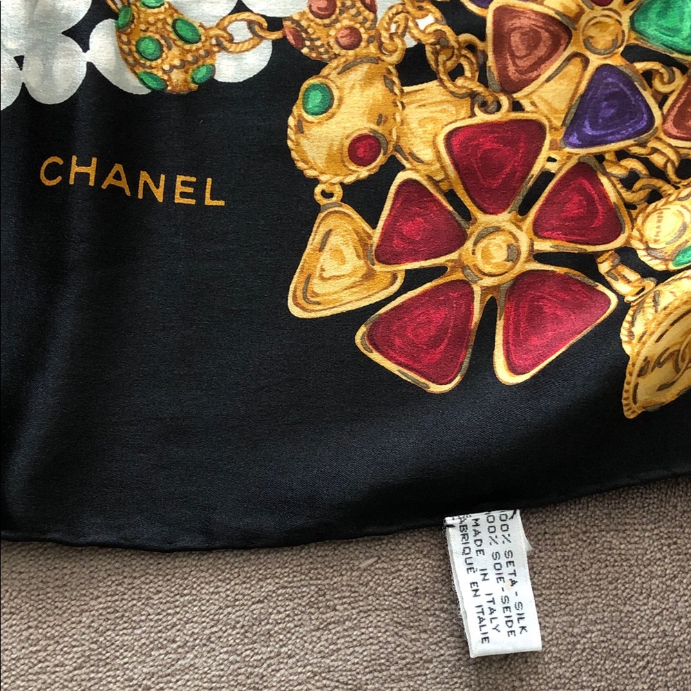 CHANEL Black Silk Scarf with Gold and Jewel Motif